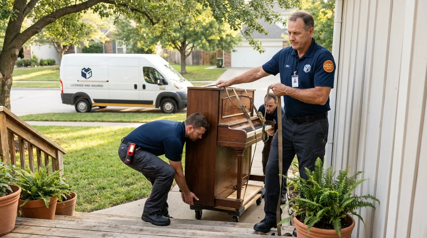 Licensed piano movers securing grand piano in Yoakum, TX