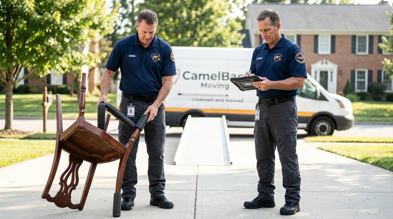Movers inspecting furniture for damage prevention before loading in Yoakum, TX