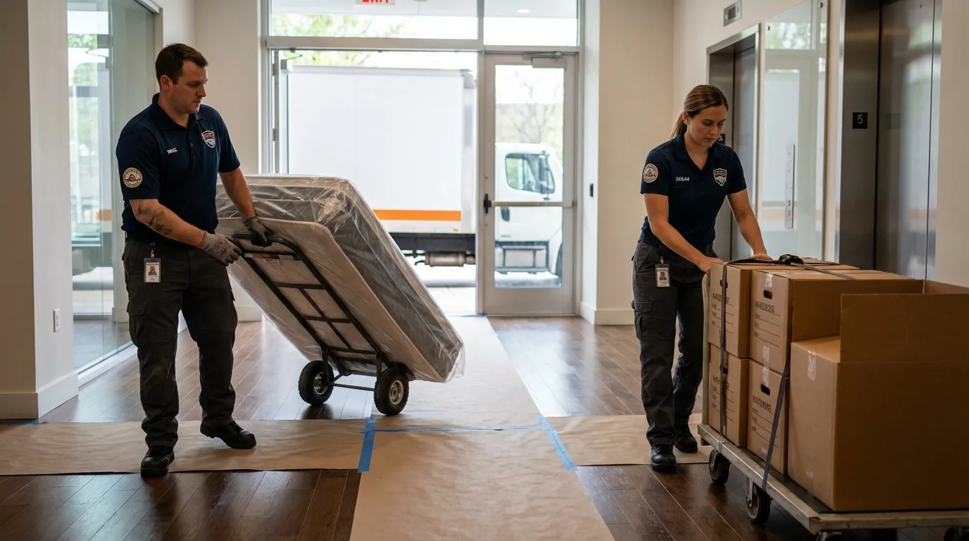Professional apartment movers loading elevator in Yoakum, TX