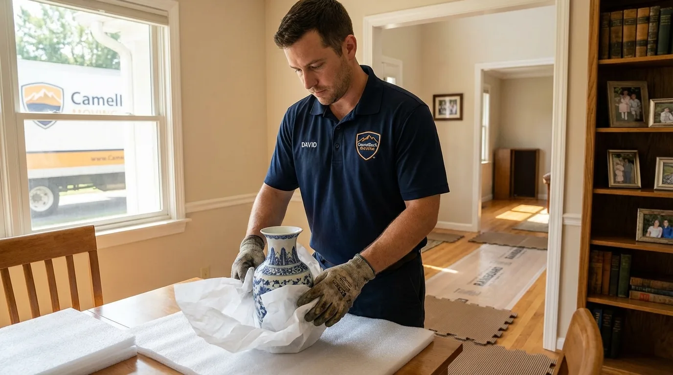 Professional crew carefully wrapping antique vase for senior downsizing move in Yoakum, TX